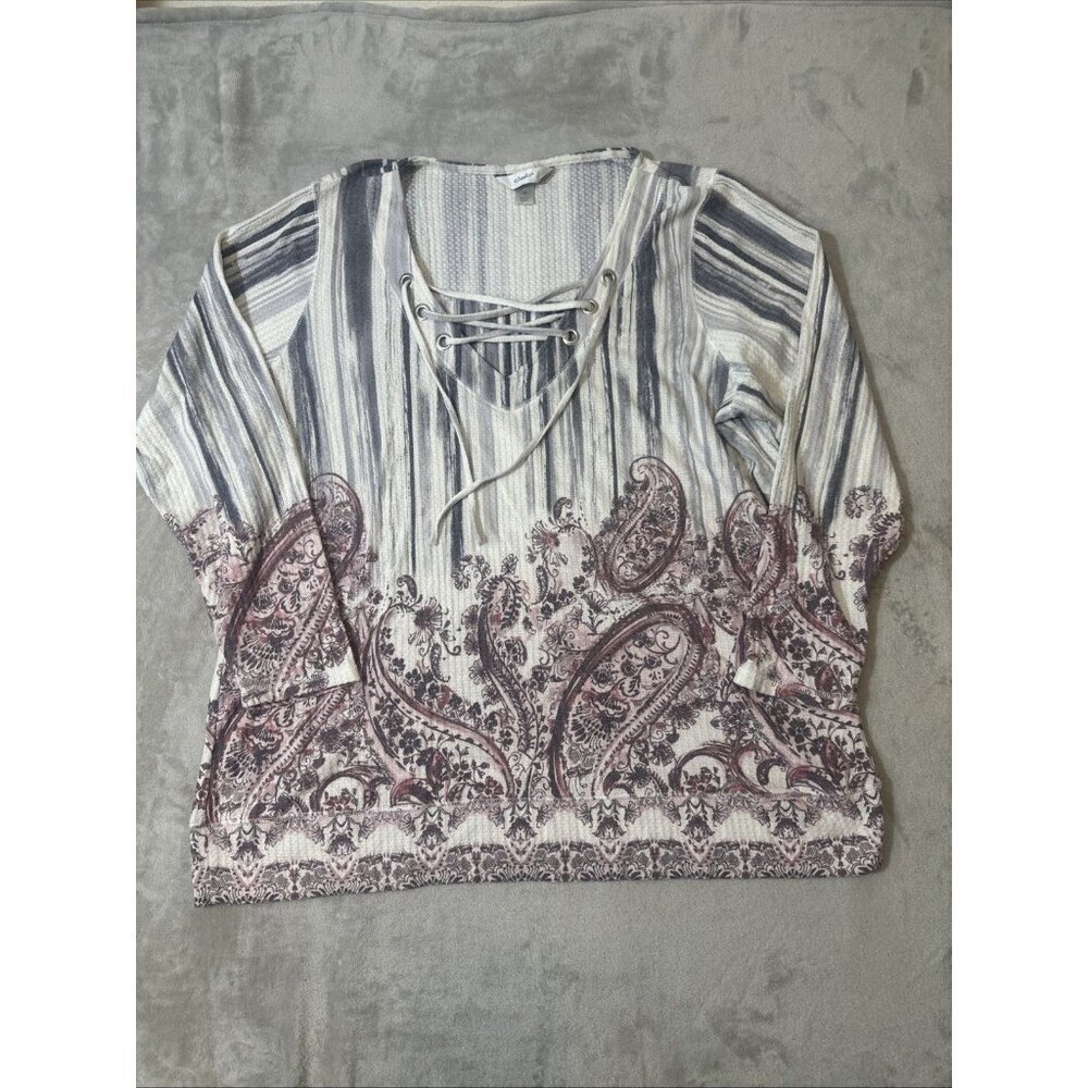 J. Banks Women’s 2X Waffle Knit Lace Up Paisley Print Long Sleeve Top